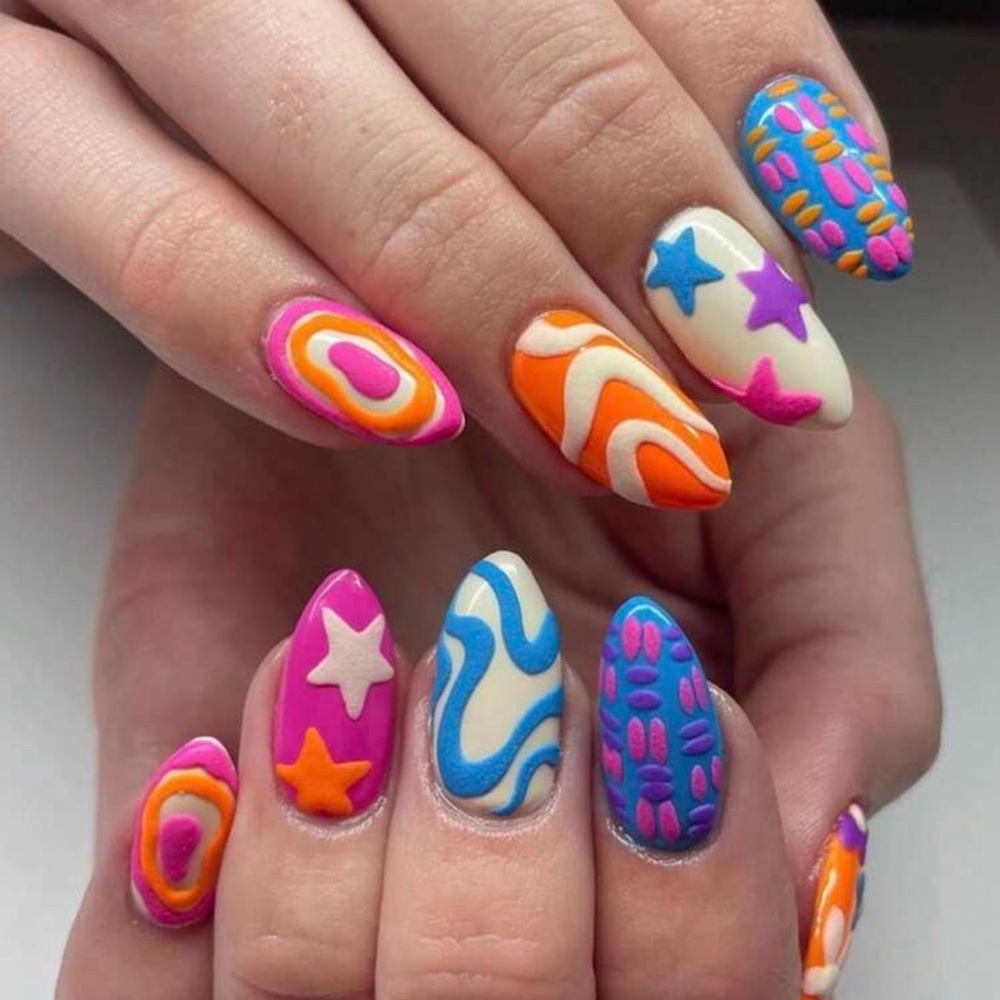 Y2K 24pcs Medium-Length OvalPsychedelic Retro Press-On Nails With 3D Abstract